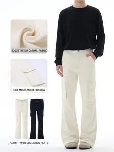 Men's Streetwear Cargo Pants Slim Fit Flare Leg Multi-pocket Cleanfit Elastic Cotton Casual Vibe Long Trousers