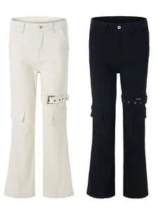 High street cargo flare pants with multi-pockets and decorative buckled leg straps
