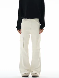 Men's off-white cleanfit cargo pants with multi-pockets and slight flare silhouette