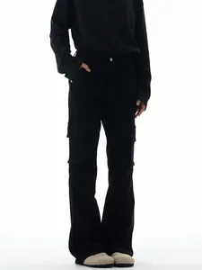 Men's black cleanfit cargo pants with multi-pocket design and slight flare leg cut