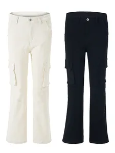 Slim-fit high-waisted cargo pants with utility pockets and slight flare leg style