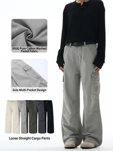 Men's American Vintage Washed Cotton Cargo Pants Loose Straight Multi-Pocket Casual Trousers Urban Outdoor Streetwear