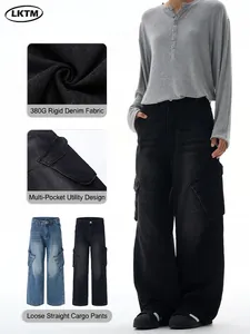 Jeans Cargo pour Hommes Streetwear Américain Ample Jambe Droite Délavé Pantalon Denim Grandes Poches Décontracté Hip Hop
