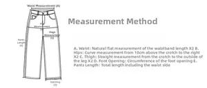 Detailed size guide chart showing measurement points for baggy carpenter denim jeans