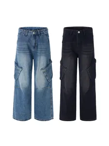 Jean cargo large pour homme style streetwear avec grandes poches latérales bleu et gris foncé