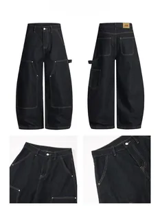 Detailed views of baggy indigo workwear jeans with contrast stitching and tool pockets