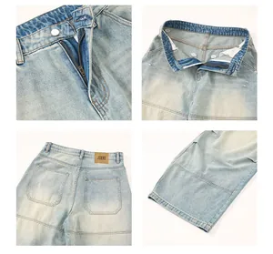 Vues détaillées du jean en denim délavé bleu clair avec fermeture éclair et patch en cuir