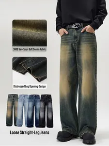 Men American Vintage Washed Distressed Jeans Loose Straight Wide Leg Denim Pants Streetwear Hip Hop Casual Trousers
