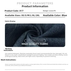Detailansicht der Denim-Struktur und Größentabelle für blaue Retro-Baggy-Jeans