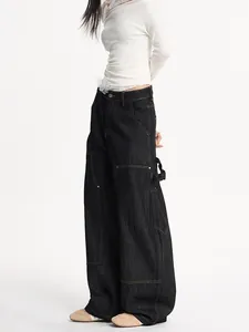 Baggy vintage dark denim carpenter jeans with contrast stitching and utility pockets
