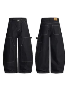 Retro baggy dark denim workwear jeans with contrast stitching and multi-pocket design
