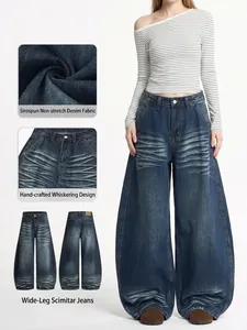 Amerikanische Retro Dunkelblau Gewaschene Whiskered Denim Jeans Baggy Weites Bein Locker Baumwollmischung Streetwear Hose