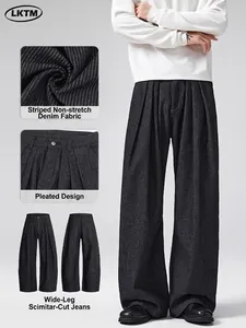 Men's Old Money Style Wide Leg Striped Jeans Curved Cut Pleated Denim Trousers Casual Loose Fit Pinstripe Pants