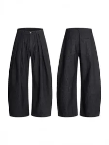 Men's Old Money style dark grey wide-leg pleated trousers with premium striped texture