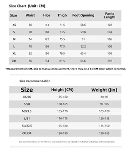 Size chart for vintage multi-pocket cargo pants showing waist, hips, and length from XS to 2XL