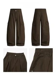Detailed views of dark brown cargo pants with multi-pockets and vintage baggy fit