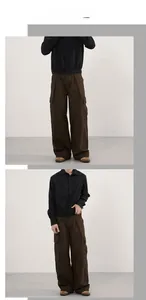 Front and side view of brown vintage multi-pocket cargo pants with a loose fit
