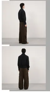Detailed view of vintage brown multi-pocket cargo pants and a black jacket outfit