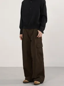 Men's vintage dark brown cargo pants with multi-pockets and a loose wide-leg fit