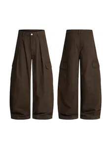 Vintage American style multi-pocket wide-leg cargo pants in dark brown cotton fabric