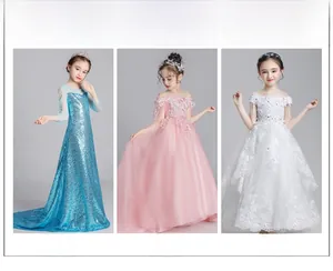 Trois robes de princesse élégantes pour filles en bleu, rose et blanc pour fêtes et soirées