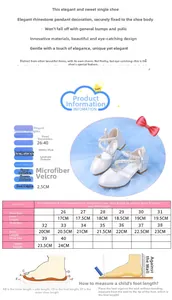 Size guide for girls bowknot pearl shoes showing measurements from size 26 to 40