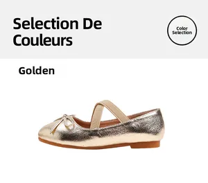 Detailed view of golden girls Mary Jane shoes featuring a bow and elastic straps