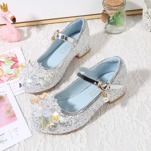 Chaussures de princesse argentées à paillettes pour filles avec fleur en cristal et perle