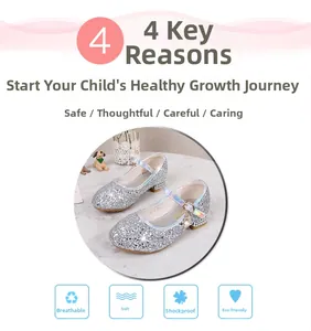 Details von silbernen Pailletten-Prinzessin-Schuhen für Mädchen mit Herz-Anhänger