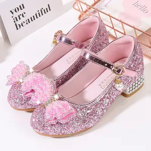Girls Princess Sequin Mary Jane Shoes With Bow Artificial Pearl Rhinestone Decoration Low Chunky Heel Shiny Party Dress Shoes For Kids