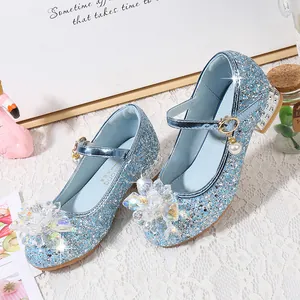 Chaussures Mary Jane pailletées bleu clair pour filles avec fleur en cristal et perle décorative