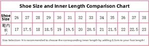 Size chart for girls glitter party shoes with measurements from size 26 to 38