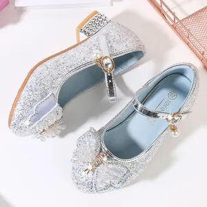 Sparkly silver sequin girls princess shoes with rhinestone butterfly and pearl straps
