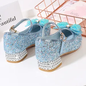 Blue sequin girls princess shoes with rhinestone block heels and pearl bow details