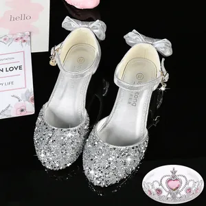 Chaussures de Princesse à Paillettes pour Filles Talons Hauts Mariage Fête Avec Nœud Pendentif Cœur Boucle Antidérapant Enfant