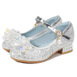 Chaussures princesse argentées à paillettes pour filles avec fleur irisante