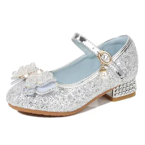 Girls silver sequin princess shoes with pearl bow and rhinestone low heel detail