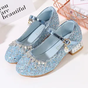 Chaussures princesse fille à paillettes bleues avec chaîne strass et perles