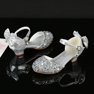 Chaussures de princesse à paillettes argentées pour filles avec nœud décoratif