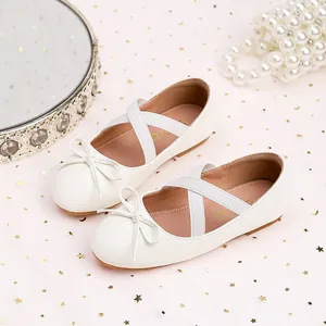 Elegant white girls princess flats with bow decoration and elastic cross straps