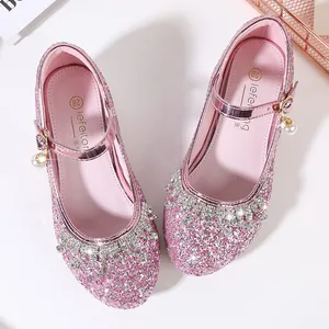 Chaussures de princesse à paillettes roses avec couronne et pendentif en perle