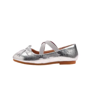 Silver metallic girls Mary Jane shoes with bow detail and elastic crisscross straps