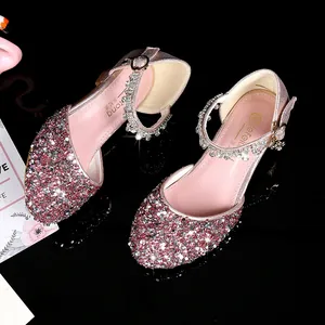 Sparkling rose gold girls sequin princess shoes with rhinestone buckle for performances