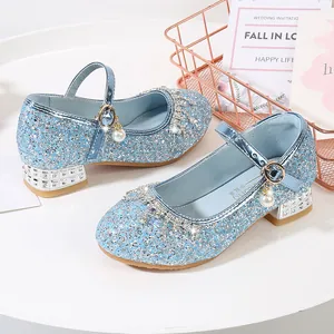 Chaussures Mary Jane bleues à paillettes pour filles avec pendentif perle et talon carré
