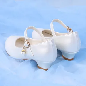 Chaussures de princesse Mary Jane blanches nacrées pour filles avec perles et talons