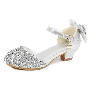 Chaussures de princesse argentées pour filles avec paillettes et pendentif cœur