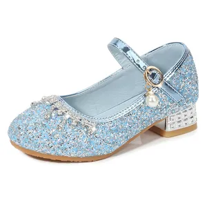 Chaussures de princesse bleu scintillant pour filles avec sequins et perle de fête