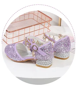 Detailed macro view of purple sequin Mary Jane girls shoe with rhinestone block heel
