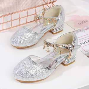 Girls Sequin Princess Shoes Glitter Mary Jane Wedding Party Dress Shoes With Rhinestone Chunky Heel And Metal Charms
