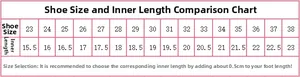 Size chart for girls princess shoes with foot length measurements for size 23 to 38